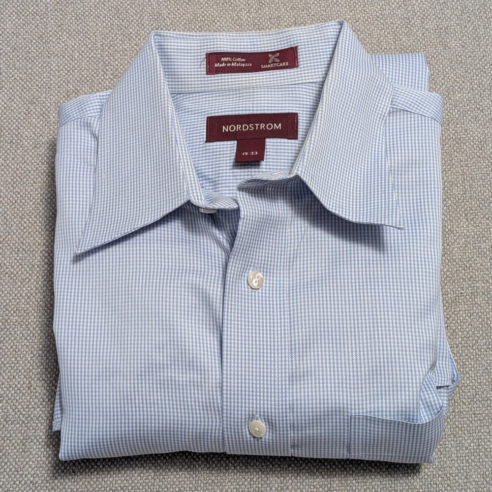 NORDSTROM Men's Dress Shirt Blue Gingham 15 33 Cotton Smartcare